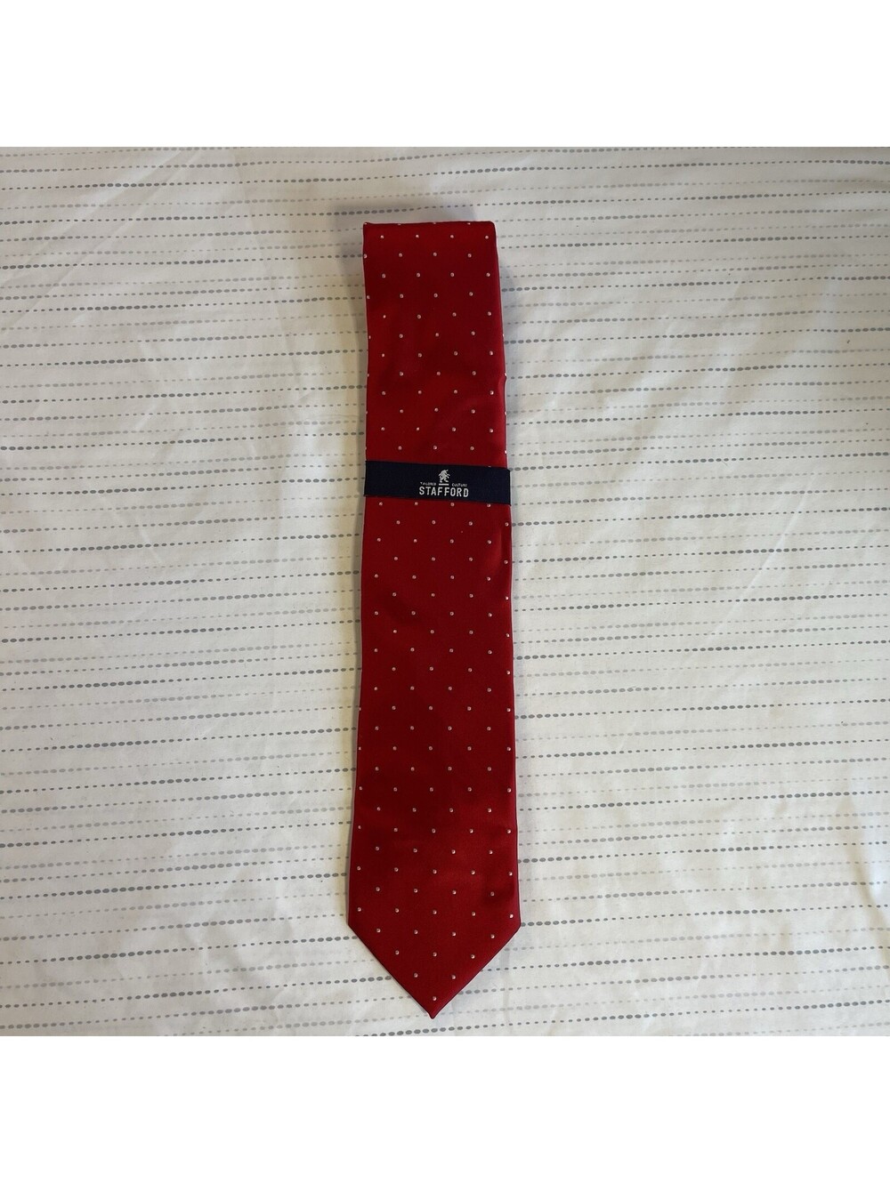 Stafford Men’s Tie Red, White Polka Dots - Stripes On Back Standard Size